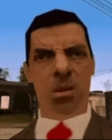 a close up of a man 's face in a suit and tie
