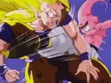 a cartoon character is fighting a pink monster .