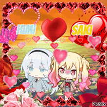 a picture of himi and saki with hearts and flowers