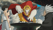 a cartoon character with a red cape and a gold crown