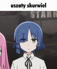 a girl with blue hair is standing in front of a sign that says stari