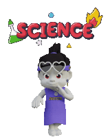 a cartoon character wearing heart shaped sunglasses stands in front of a science poster