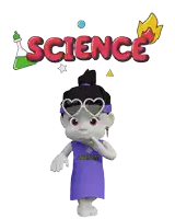 a cartoon character wearing heart shaped sunglasses stands in front of a science poster