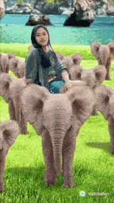 a woman sits on the back of a baby elephant in a field
