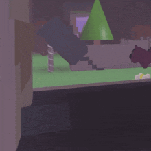 a computer generated image of a cartoon scene with a tree and stairs