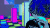 a pixel art of a person with blue hair and a shirt that says skulls