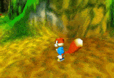 a cartoon squirrel with a red tail is standing on a yellow surface