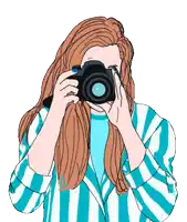 a woman in a blue and white striped jacket is taking a picture with a camera