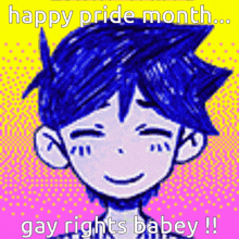 a drawing of a boy with blue hair and the words happy pride month gay rights babey !!