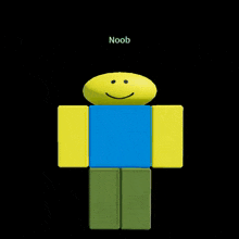 a yellow and blue roblox character with a smiley face on his face