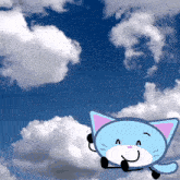 a cartoon cat is flying through the clouds in the sky