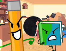 a cartoon drawing of a pencil and a book