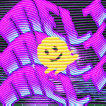 a purple and blue striped background with a smiley face in the middle .