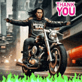 a man on a motorcycle wearing a metal sak hoodie says thank you