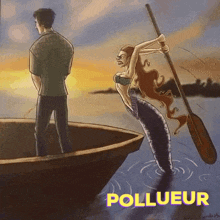 a cartoon of a man urinating next to a mermaid holding an oar