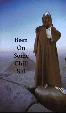 a woman standing on a rock with the words been on some chill shi on the bottom