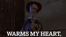 a cartoon character with the words warms my heart on the bottom