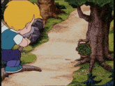 a cartoon of a boy sitting on a tree branch looking at something