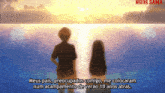 a man and a woman are standing in front of a body of water and the words meus pais are on the bottom