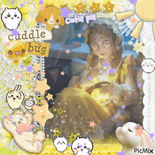 a picture of a girl with a sign that says cuddle bug on it