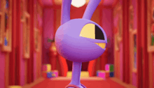 a purple cartoon character is standing in a hallway with pink curtains