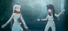 two anime girls are standing next to each other in a dark room .