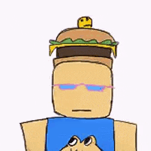a roblox character with a hamburger on his head and a frog on his chest .