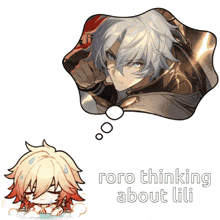 a cartoon drawing of a boy with a thought bubble that says roro thinking about lili