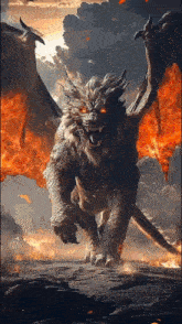 a lion with wings and red eyes is standing in the middle of a fire filled field .