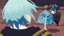 a man with blue hair is holding a knife in front of another man with blue hair