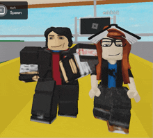a boy and a girl are standing next to each other in a video game with raft spawn on the screen
