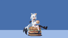 a pixel art illustration of a girl sitting on a hamburger