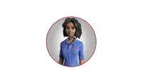 a cartoon of a woman wearing a blue shirt that says p & p on it
