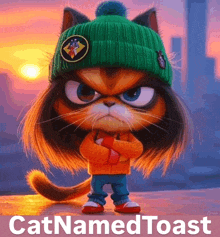 a cartoon cat wearing a green hat and orange sweater with the words catnamedtoast below it