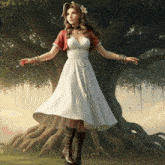 a woman in a white dress with a flower in her hair stands in front of a tree