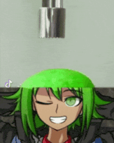 a cartoon character with green hair and green eyes is smiling while a green object is coming out of her head .