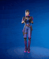 a girl in a purple outfit is dancing with her hands in the air