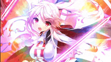 a girl with long white hair and red eyes is holding a sword