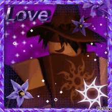 a picture of a person with purple flowers and the word love on it