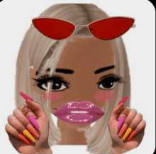 a cartoon girl wearing red sunglasses and pink lips is holding her hands to her face .