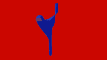 a blue object with a red background is hanging upside down