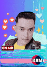 a picture of a man with a sign that says " on air "