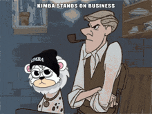 a cartoon of a man with a pipe and a dalmatian wearing a kimba hat