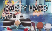 a group of people are dancing in a room with the words party hard written on the bottom