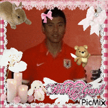 a man in a red nike shirt is surrounded by stuffed animals and candles in a picmix frame