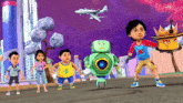 a group of cartoon characters are standing on a street with a plane flying overhead