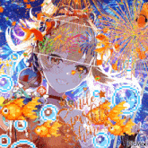 a pixel art of a girl with fireworks in the background and the words smile sparkle win