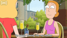 a cartoon of two women sitting at a table with the words i 'm totally turning into my mother below them