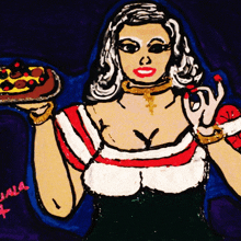 a drawing of a woman holding a plate of pizza with the name stella written on the bottom left