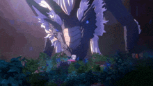 a dragon with blue eyes is surrounded by plants